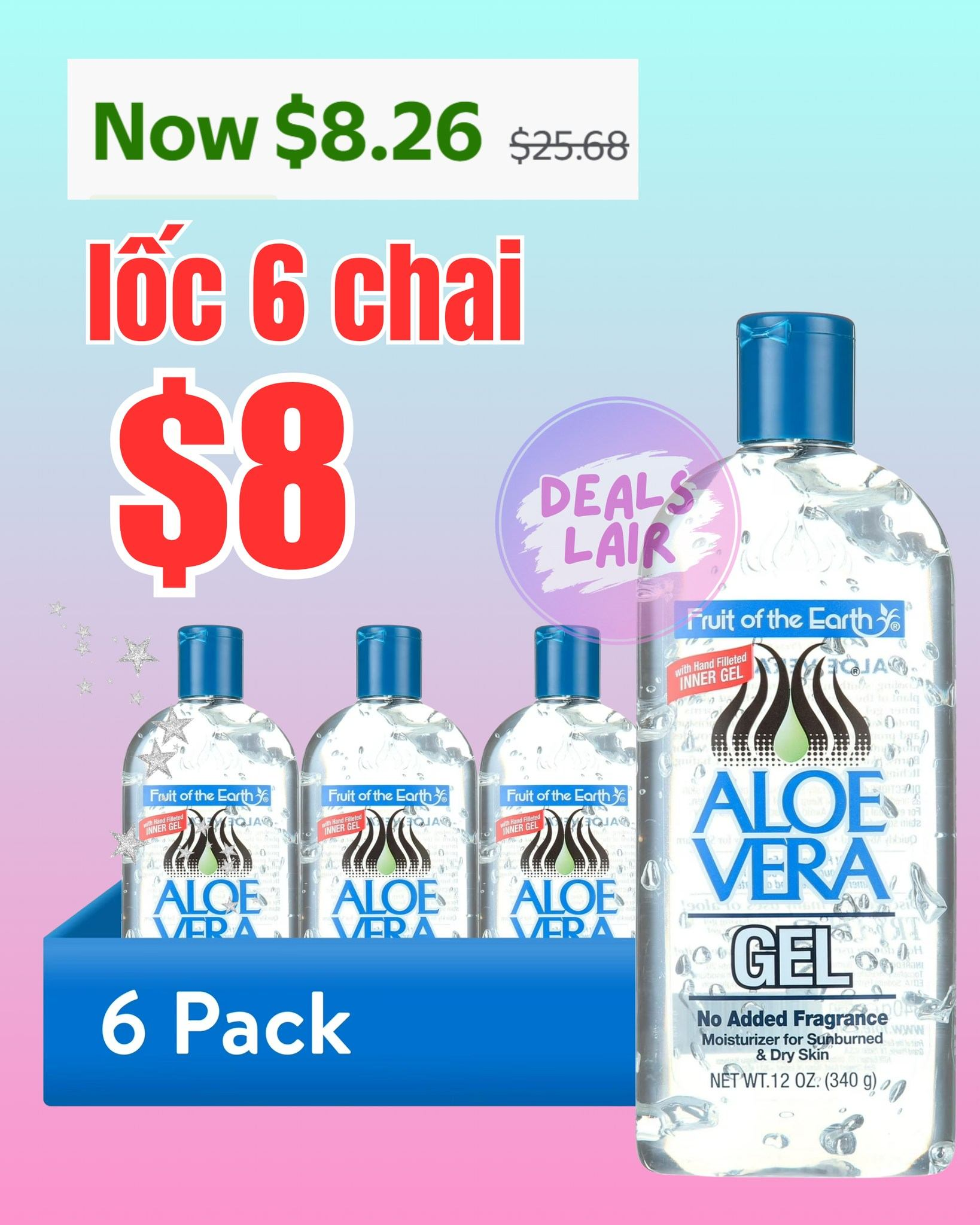 (6 pack) Fruit of the Earth Aloe Vera Moisturizing Gel, Unscented 12 oz.