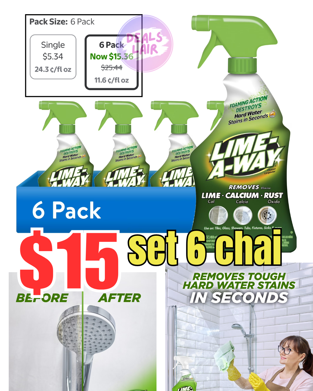 (6 pack) Lime-A-Way Hard Water Stain Remover Spray, Removes Lime, Calcium & Rust in Seconds, Bathroom Cleaner, 22 fl oz
