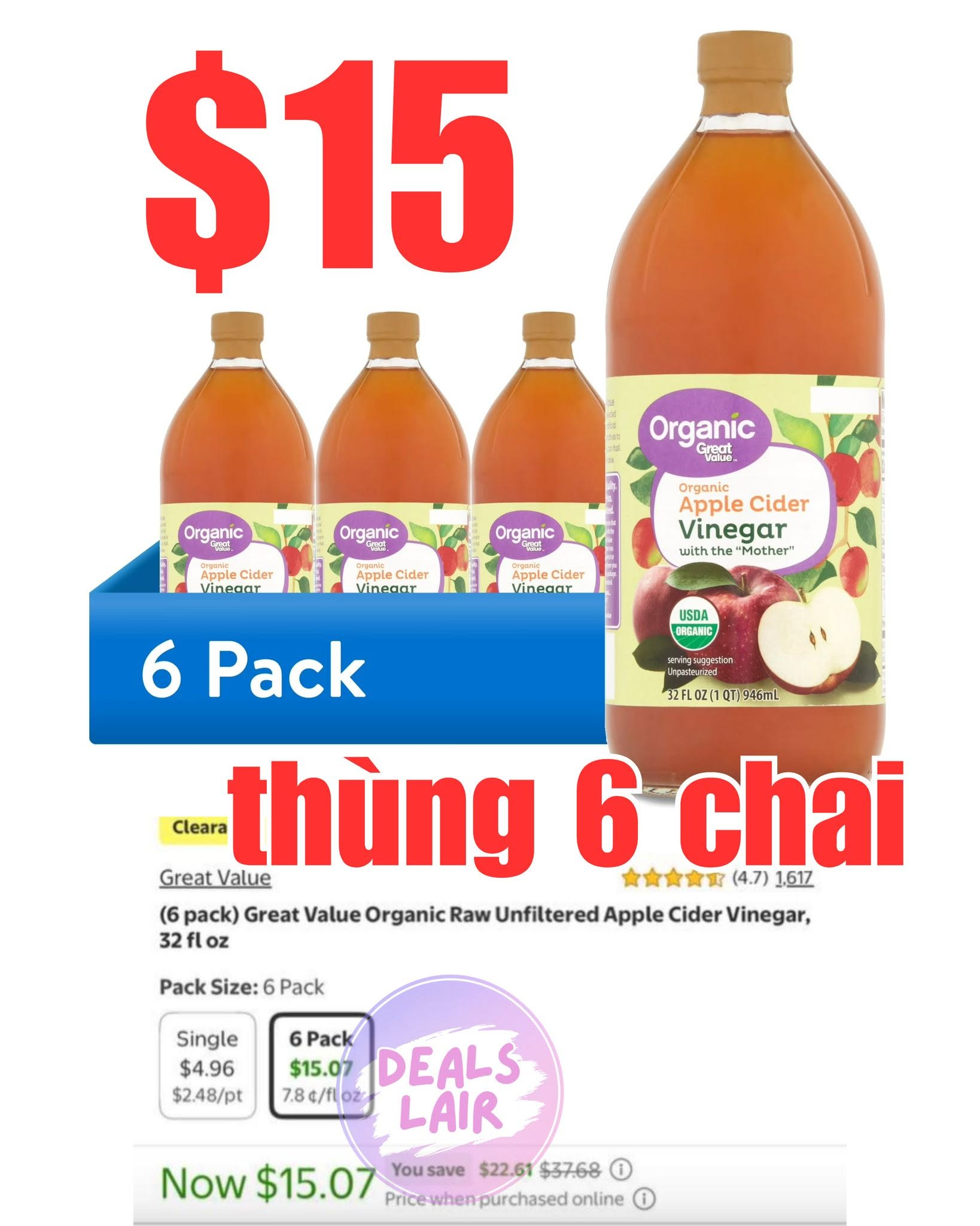 (6 pack) Great Value Organic Raw Unfiltered Apple Cider Vinegar, 32 fl oz