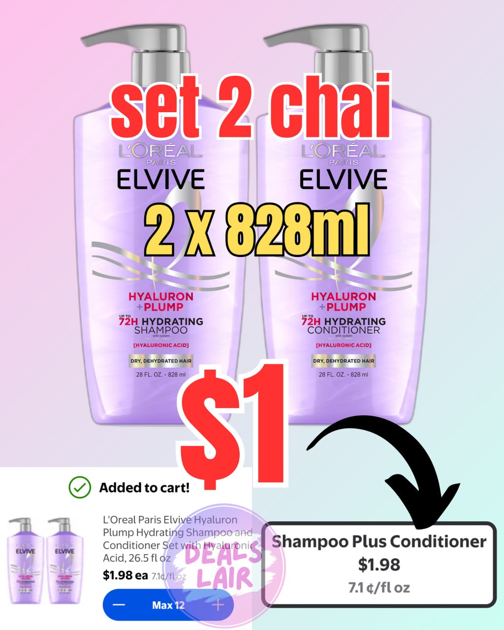 L'Oreal Paris Elvive Hyaluron Plump Hydrating Shampoo and Conditioner Set with Hyaluronic Acid, 26.5 fl oz