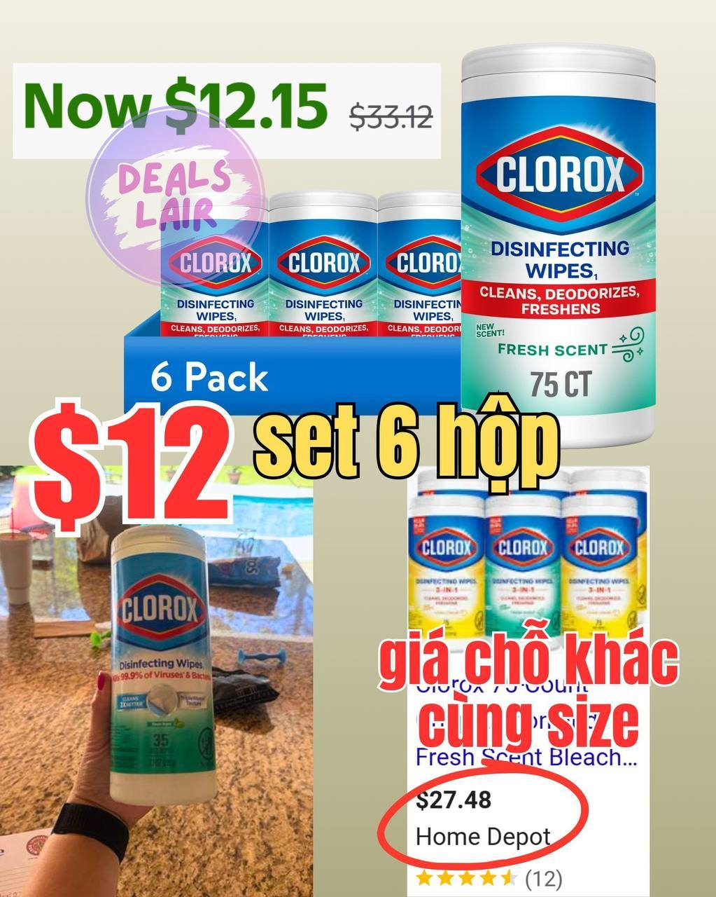 (6 pack) Clorox Bleach-Fr.e.e Disinfecting and Cleaning Wipes, Fresh Scent, 75 Count