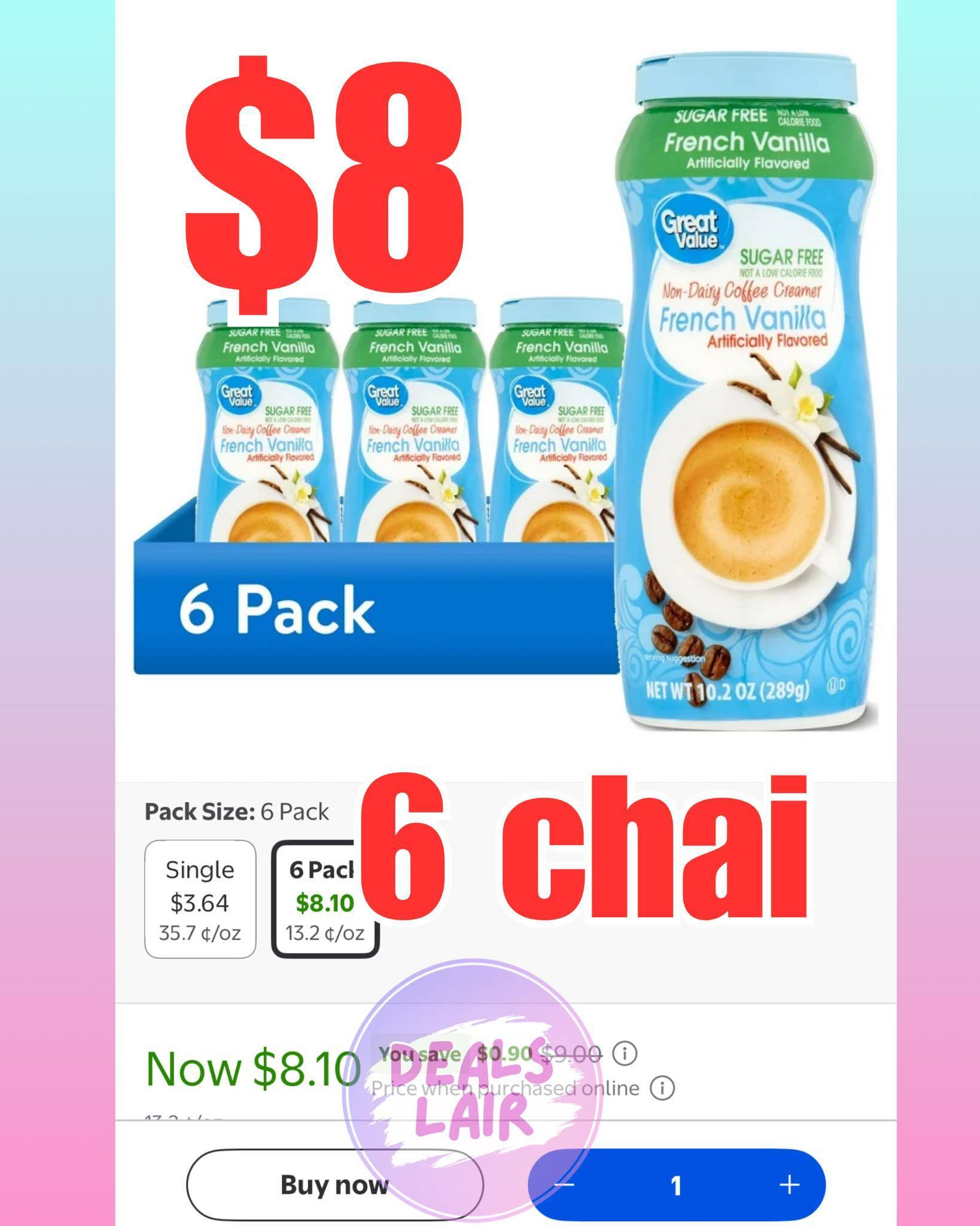 (6 pack) Great Value French Vanilla Non-Dairy Coffee Creamer, Sugar-Free, 10.2 oz