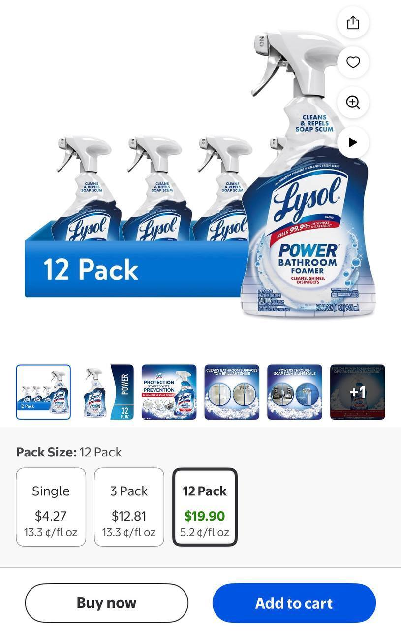 (12 pack) Lysol Power Foaming Cleaning Spray for Bathrooms, Foam Cleaner Bathrooms, Showers, Tubs, 32 fl oz