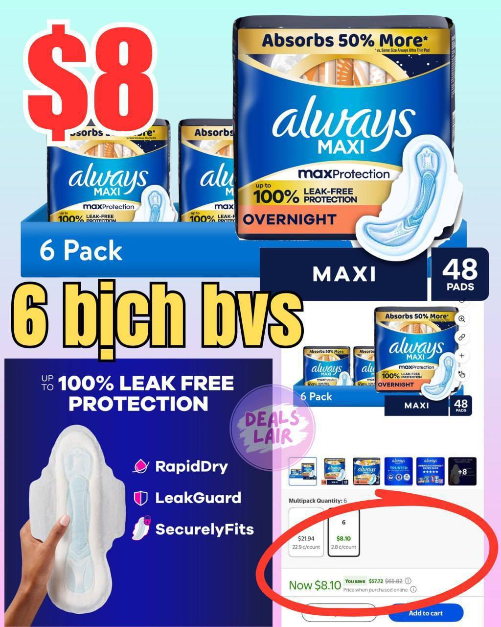 (6 pack) Always Maxi Overnight Pads with Wings, Size 4, 48 Count