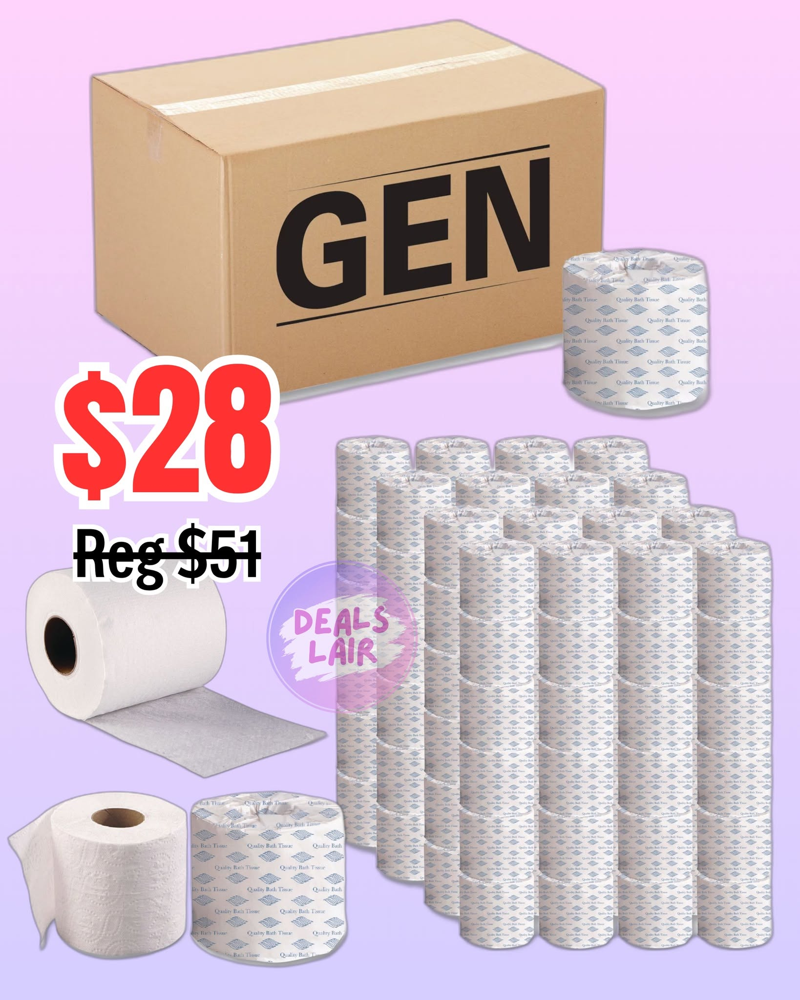 GEN Standard Toilet Paper, 2-Ply, White, 400 Sheets per Roll, 96 Rolls Carton
