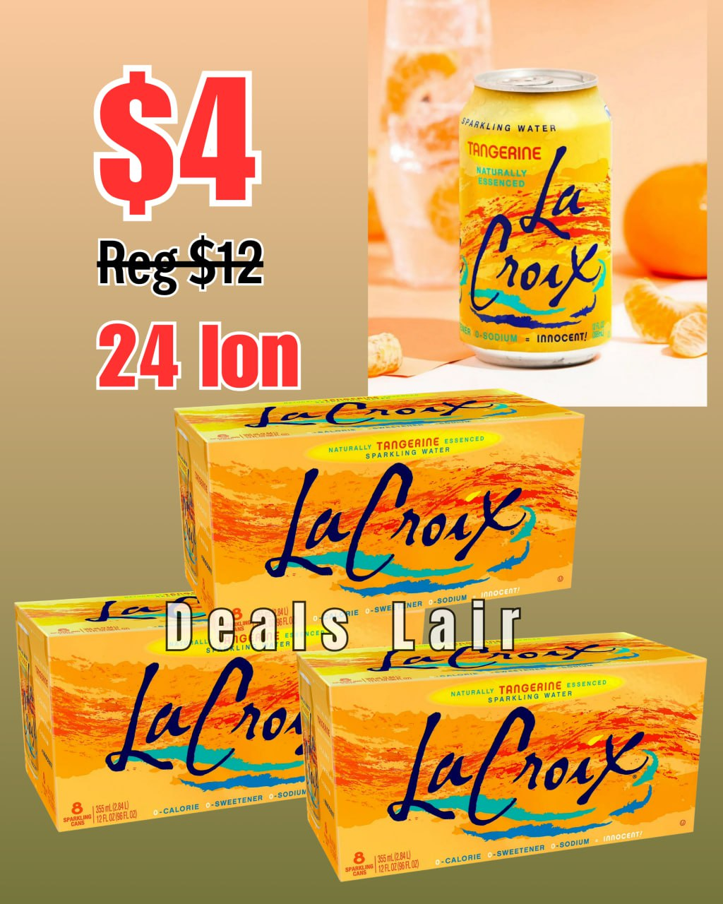 (3 pack) Tangerine - LaCroix parkling Water, 8 Pack, 12 oz Cans