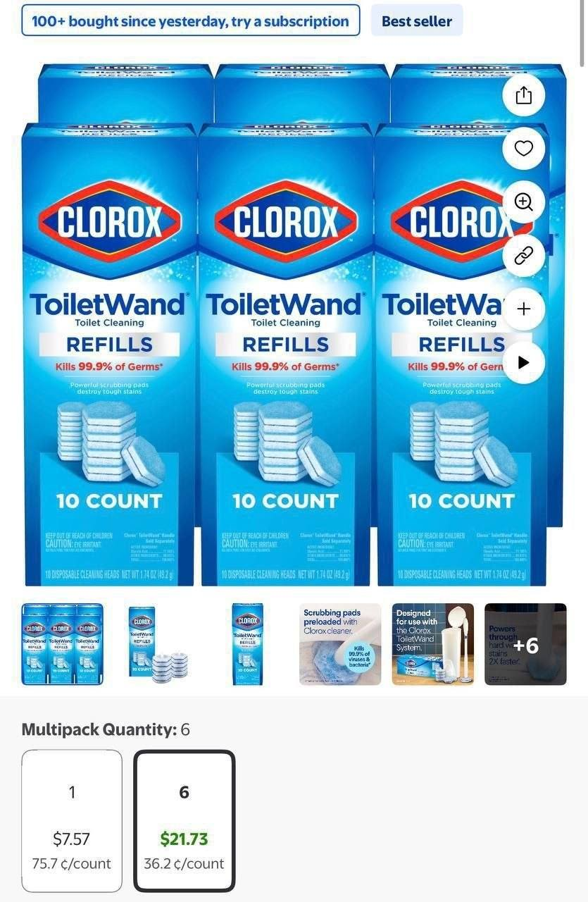 (6 pack) Clorox ToiletWand Disinfecting Brush Refills, Toilet Bowl Cleaner Disposable Wand Heads, 10 Count