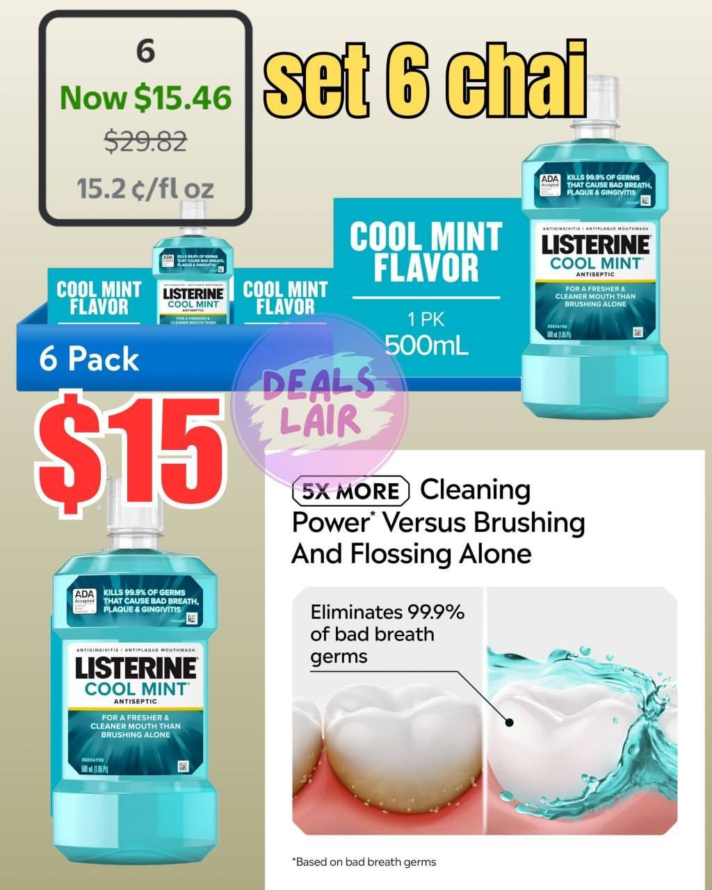 (6 pack) Listerine Cool Mint Antiseptic Mouthwash, Bad Breath & Plaque Oral Care, 500 mL