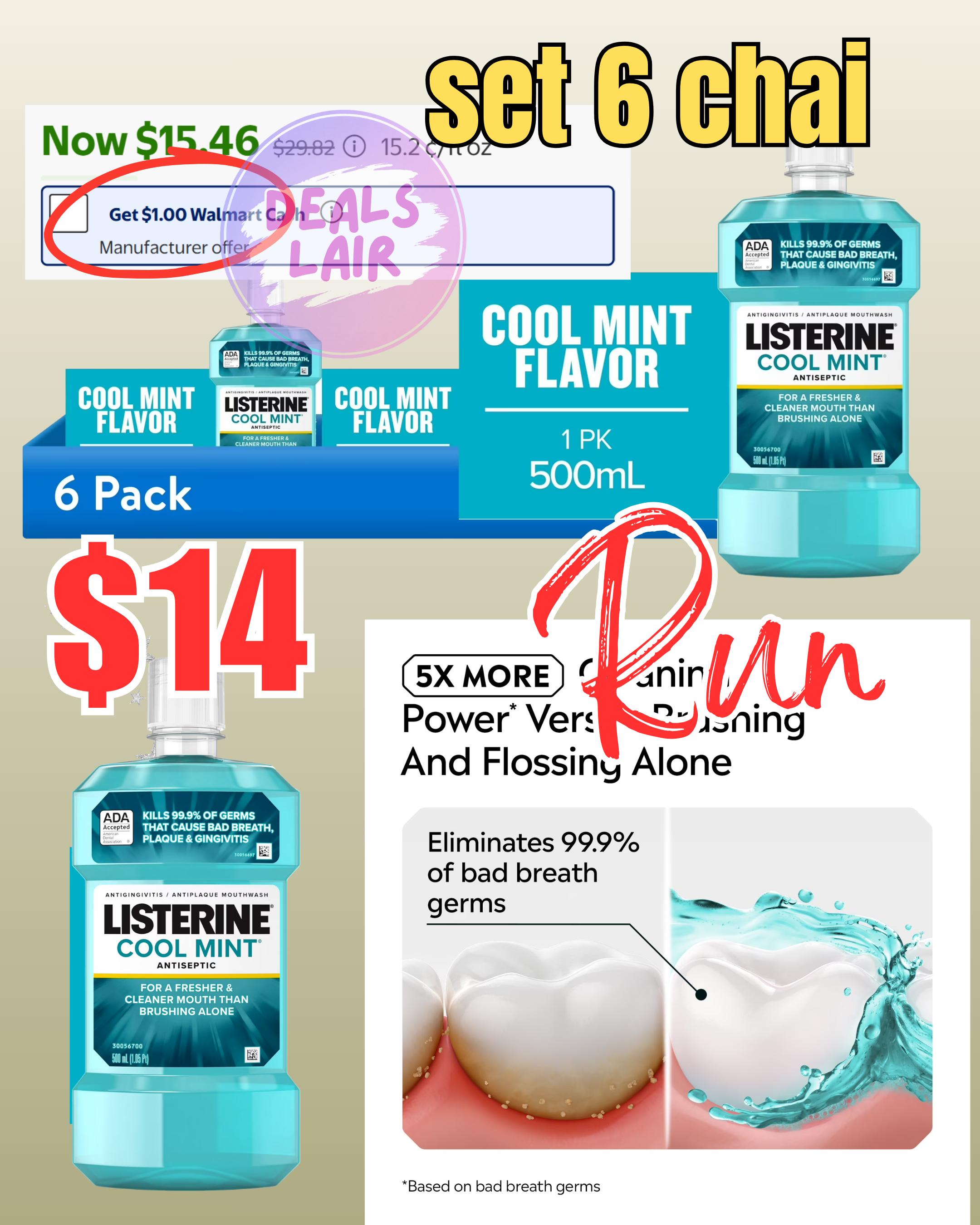 (6 pack) Listerine Cool Mint Antiseptic Mouthwash, Bad Breath & Plaque Oral Care, 500 mL