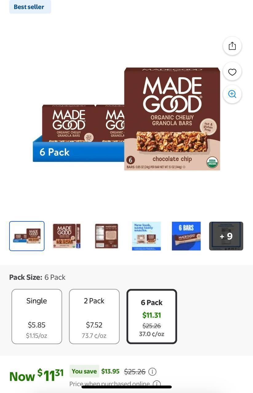 (6 pack) MadeGood Chocolate Chip Granola Bars, 6 Count, Snack Bars, 0.85 oz