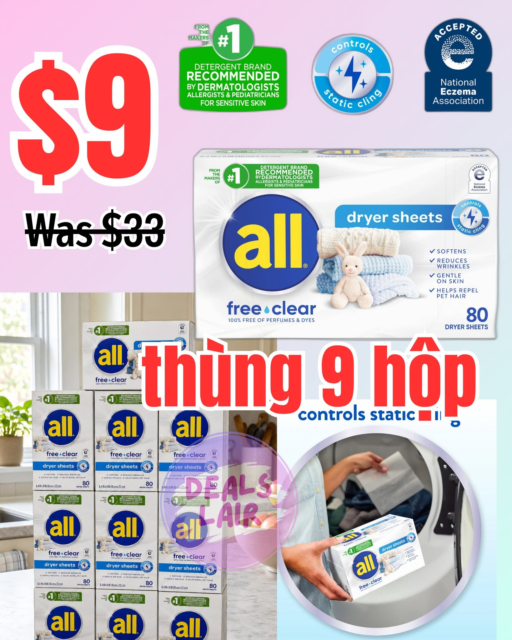 (9 pack) all Fabric Softener Dryer Sheets for Sensitive Skin, Free Clear, 80 Count